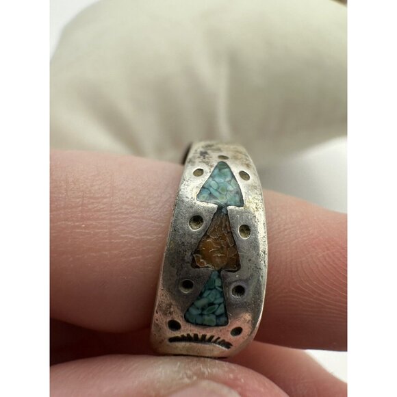 Navajo Coral & Turquoise Chip Sterling Silver Shadowbox Ring Sz 8.75 Signed MD - Picture 8 of 9